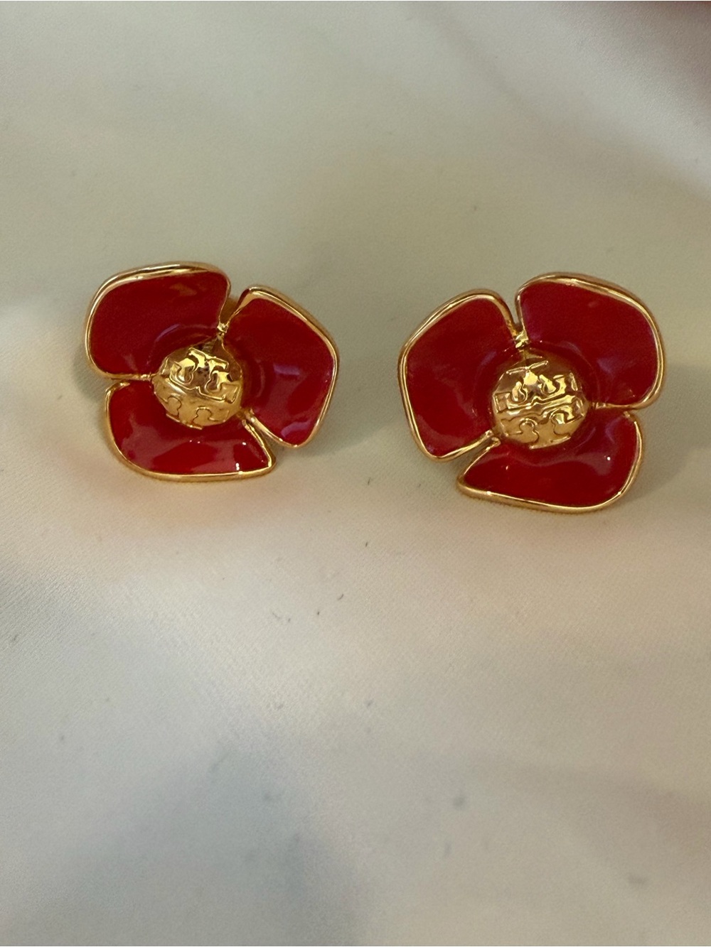 Tory Burch Red Enamel Flower Stud Earrings with Gold-Tone Centers